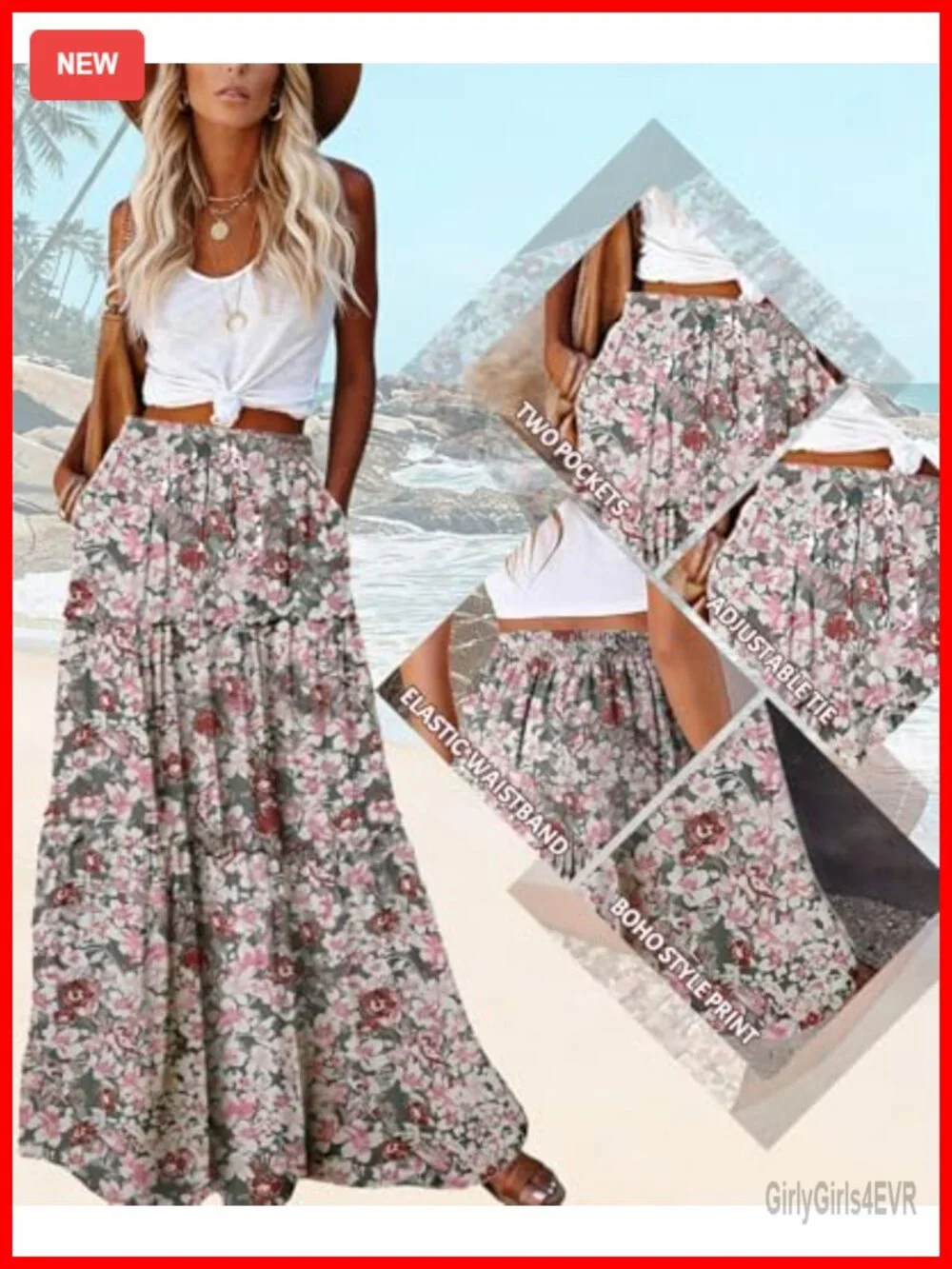 Flowy Tiered Maxi Skirt with Pockets High Waist Drawstring Chiffon